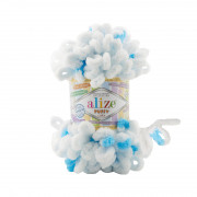 Пряжа Alize Puffy color Puffy Color 6472 белый/голубая бирюза*